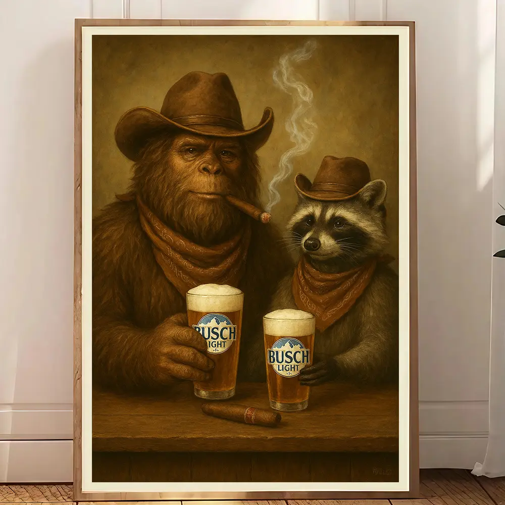 Bigfoot & Raccoon light one up and pop a brew print, Vintage Animal Poster, Funky Western Wall Art, Cabin Room Decor, Gift for Men Dad Father's Day frameless