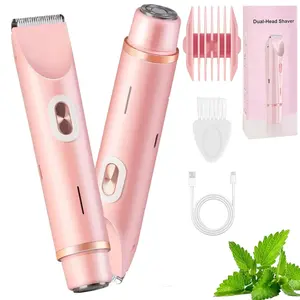 Bikini Trimmer for Women, Electric Shaver and Razor Rechargeable 2-in-1 Bodyand Facial Hair Removal Double Head forPainless Trimming of Pubic Face UnderarmLegs, Dual Head Trimmer, IPX7 Waterproof, pink, Cordless Hair Trimmer, Usb Rechargeable Trimmer