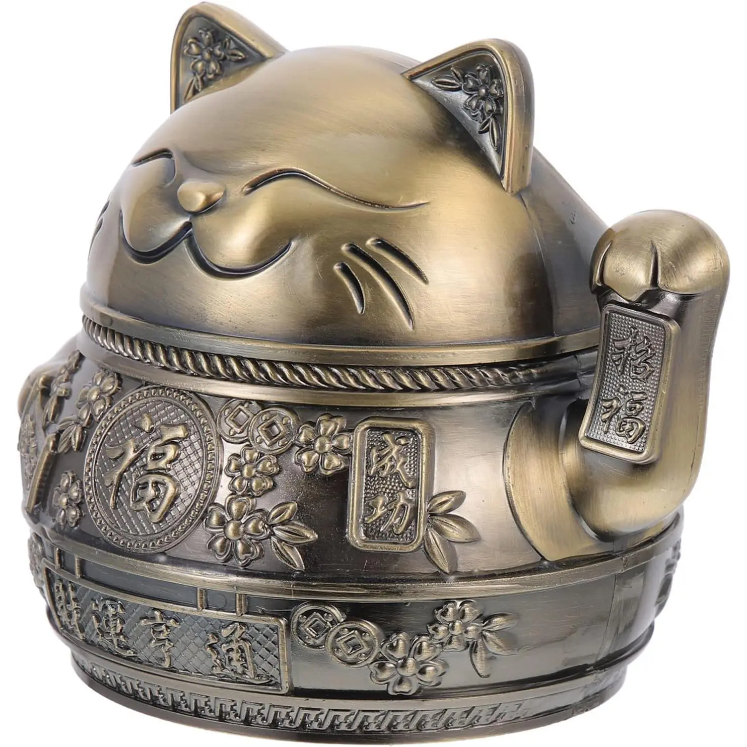 Maneki Cat Japanese Ashtray - Indoor Outdoor Windproof Antique Metal Zinc Alloy Office Old Fashioned Cat Animal Ashtray Bowl Holder