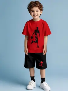 Trendy Basketball Kids', Top with Dribbling Silhouette & Shorts, Casual All-Season Wear, Perfect for Outdoor Activities, Sportswear Set