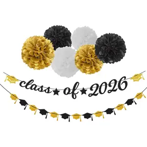 Black White Gold Graduation Party Decorations 8pcs Kit Class of 2026 Banner Cap Garland Streamers Paper Tissue Pom Poms Flowers Congratulations Grad Decor