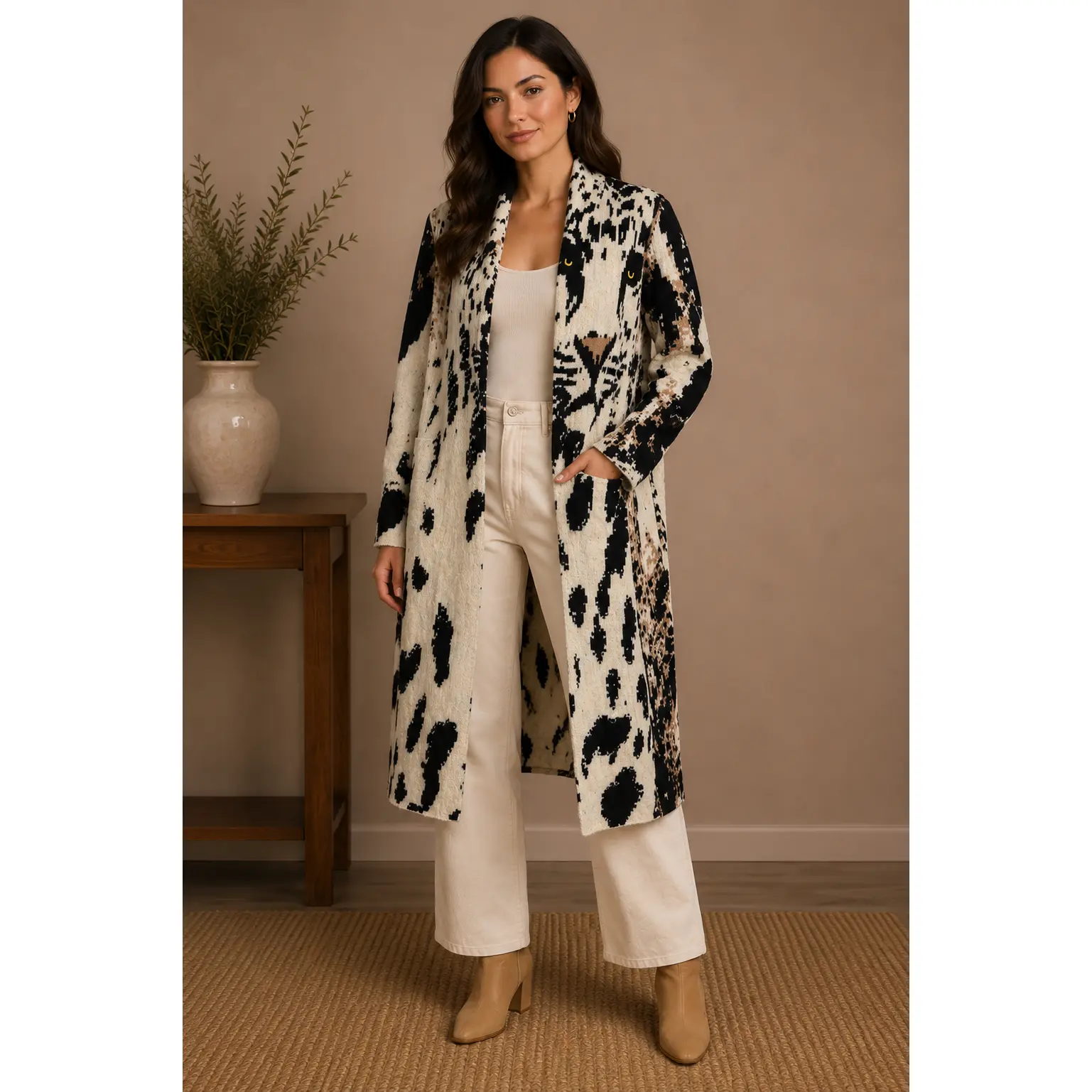 🐆 Anthropologie Leopard Graphic Longline Cardigan Sweater Duster – Statement Animal Print Luxury Layer ✨ Size XXS/XS