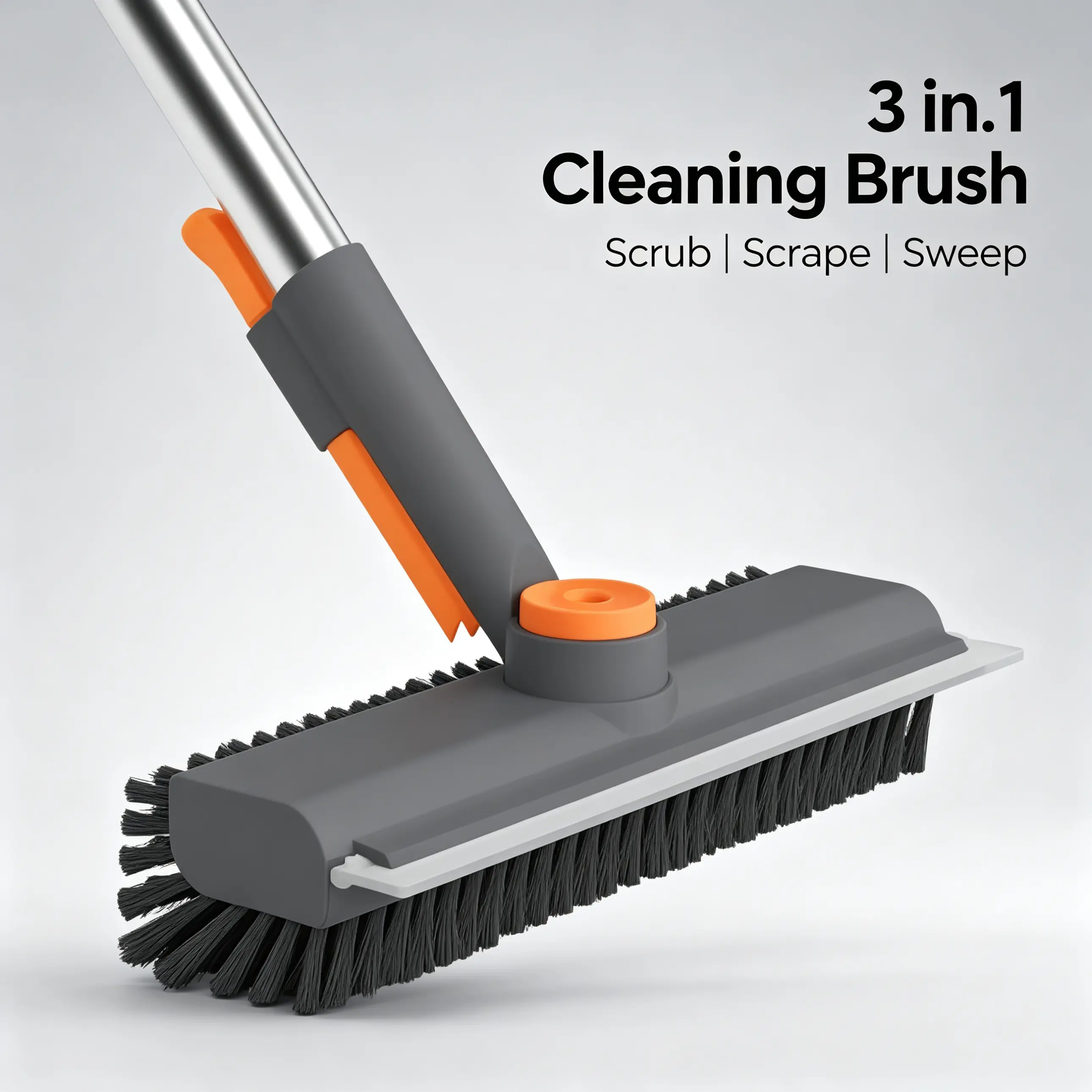 3 in 1 Cleaning Brush - Scrub Brush, Squeegee & Sweeper - Long Handle Scrubber for Bathroom, Kitchen, Tile, Tub & Floor - Stiff Bristles, Rotating Head