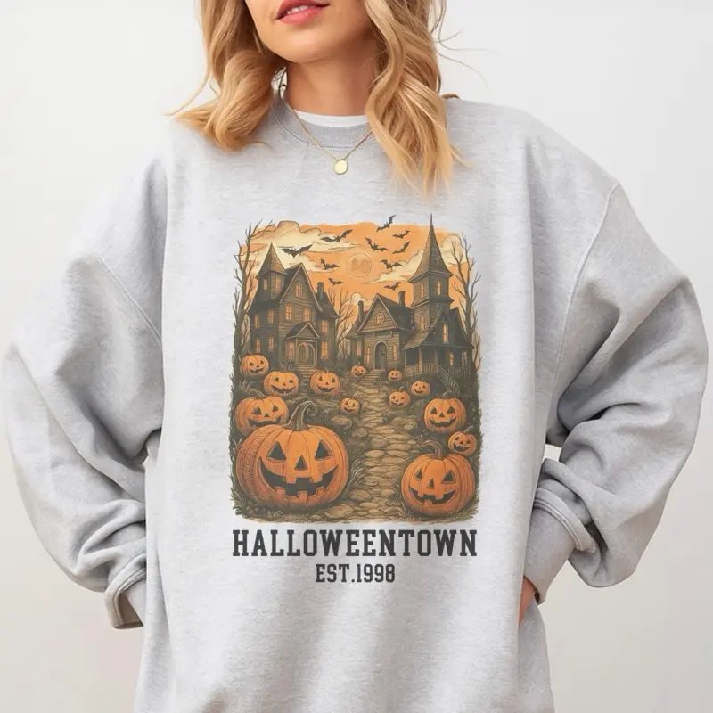 Halloweentown Pumpkin Patch Sweatshirt - Ash Grey Cotton Fabric Jersey Aesthetic Geese