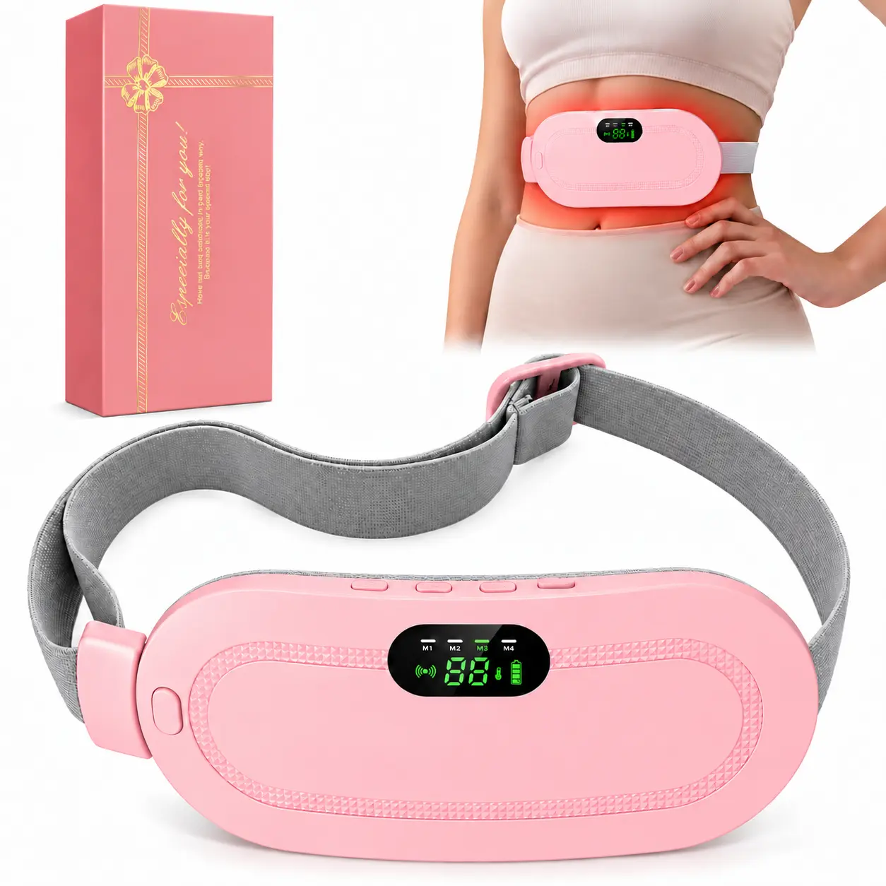 Cordless Heating Belt - Multifunctional Fast-Heated Belly Wrap with Adjustable Heating Temperature, 3 Temp Levels, 4 Massage Modes, LED Display, Adulting Gifts for Girlfriends, Gifts Adults, Pink Household Self-Care Gadget