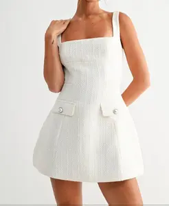 Off White Tweed Dress with Pearl Accents - Elegant Square Neckline & Bubble Skirt Design for Sophisticated Style