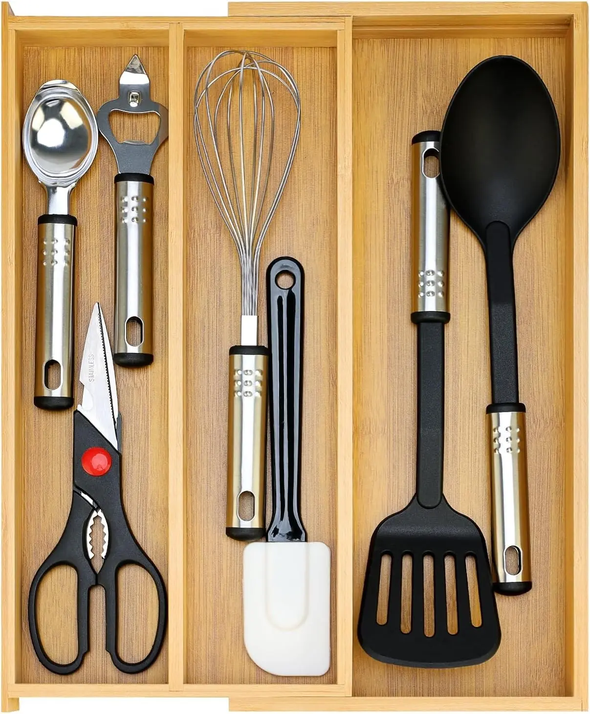 Large Bamboo Kitchen Utensil Drawer Organizer Expandable Silverware Tray | Big Cooking Utensil Drawer Divider Spoon Flatware Organizer Storage Adjustable Wooden Cutlery Holder Tool Knife Spatula Tray