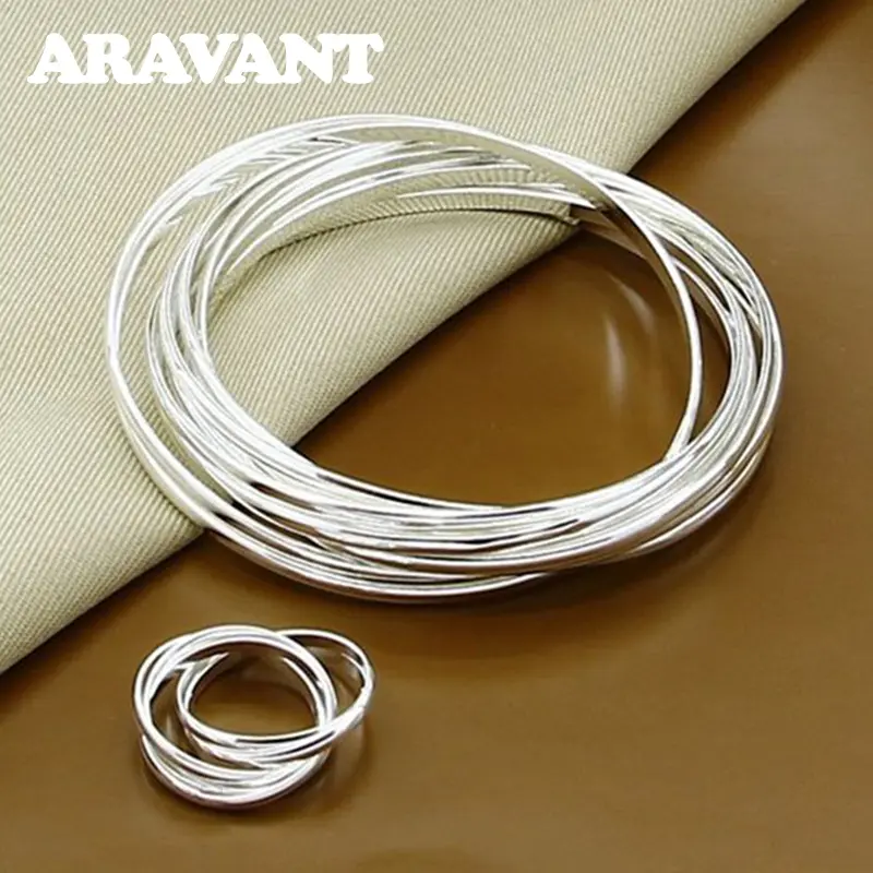 JewelryUSA - Aravant 925 Silver 10 Circle Triple Ring Bangle Set For Men Women Fashion Jewelry