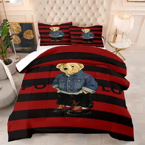 Teddy bear printed pattern bedding set, including 1 blanket and 1 or 2 pillowcases without pillowcases, soft children's or adult bedroom decoration gift