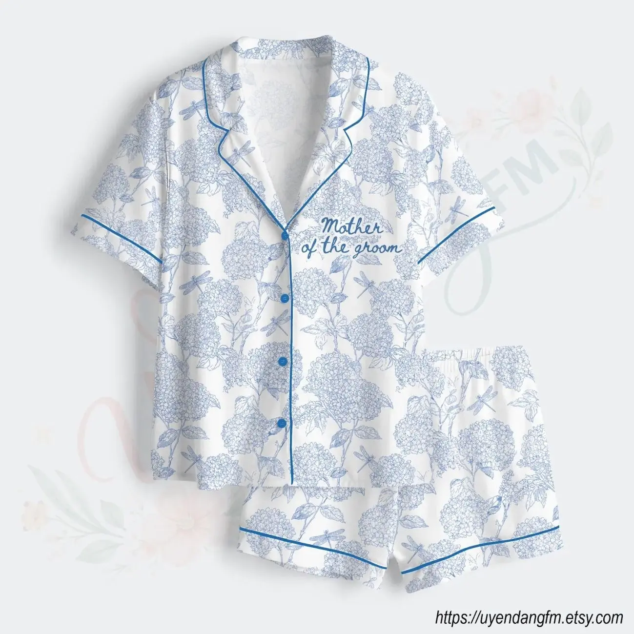 Personalized Bridal Party Satin Pajamas, Mother of the Groom PJs, Blue Hydrangea Floral Pajama Set, Wedding Morning Loungewear Gift