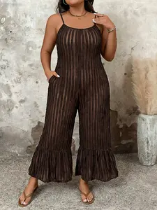 Plus Size Women's Strapless Sleeveless off Shoulder Jumpsuit, Textured Fabric with Pockets, Casual Summer Vacation Wear, Boho Casual Romper