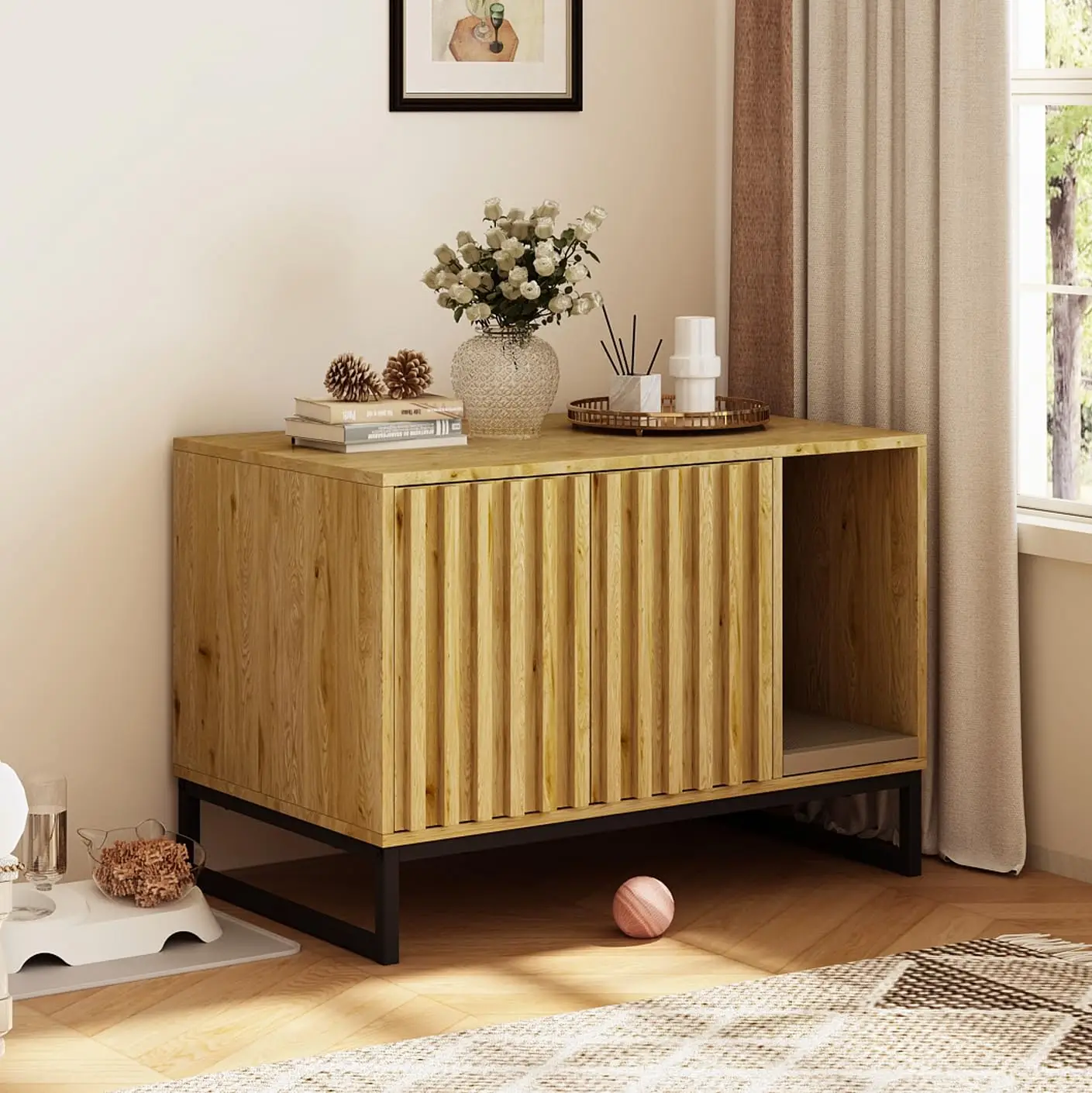 Vabches Litter Box Enclosure,Modern Cat Litter Box Enclosure Furniture Hidden Litter Box with Cat Scratch Pad, Cat Washroom Cat House End Table, Entry