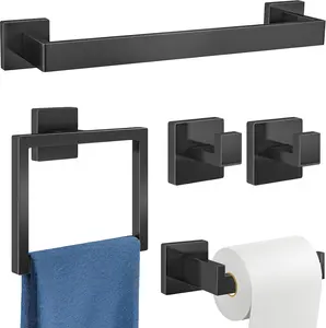 5-Piece Bathroom Hardware Accessories Set, Towel Racks for Bathroom Wall Mounted Stainless Steel, Matte Black Towel Bar Set 16In