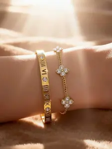 2-Piece Roman Numeral Rhinestone Bracelet Set, Clover Chain Bangle, Stackable Jewelry, Casual All-Season Accessory