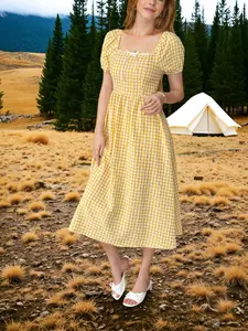 Coquette Vibes! Yellow Woven Gingham Dress with Square Neck, Lace Trim & Bow Detail | #SummerEssential Sweet Retro Vintage Charm: Yellow Checkered Midi Dress with Lace Panel, Bow Accent & Fit #GinghamLove Casual