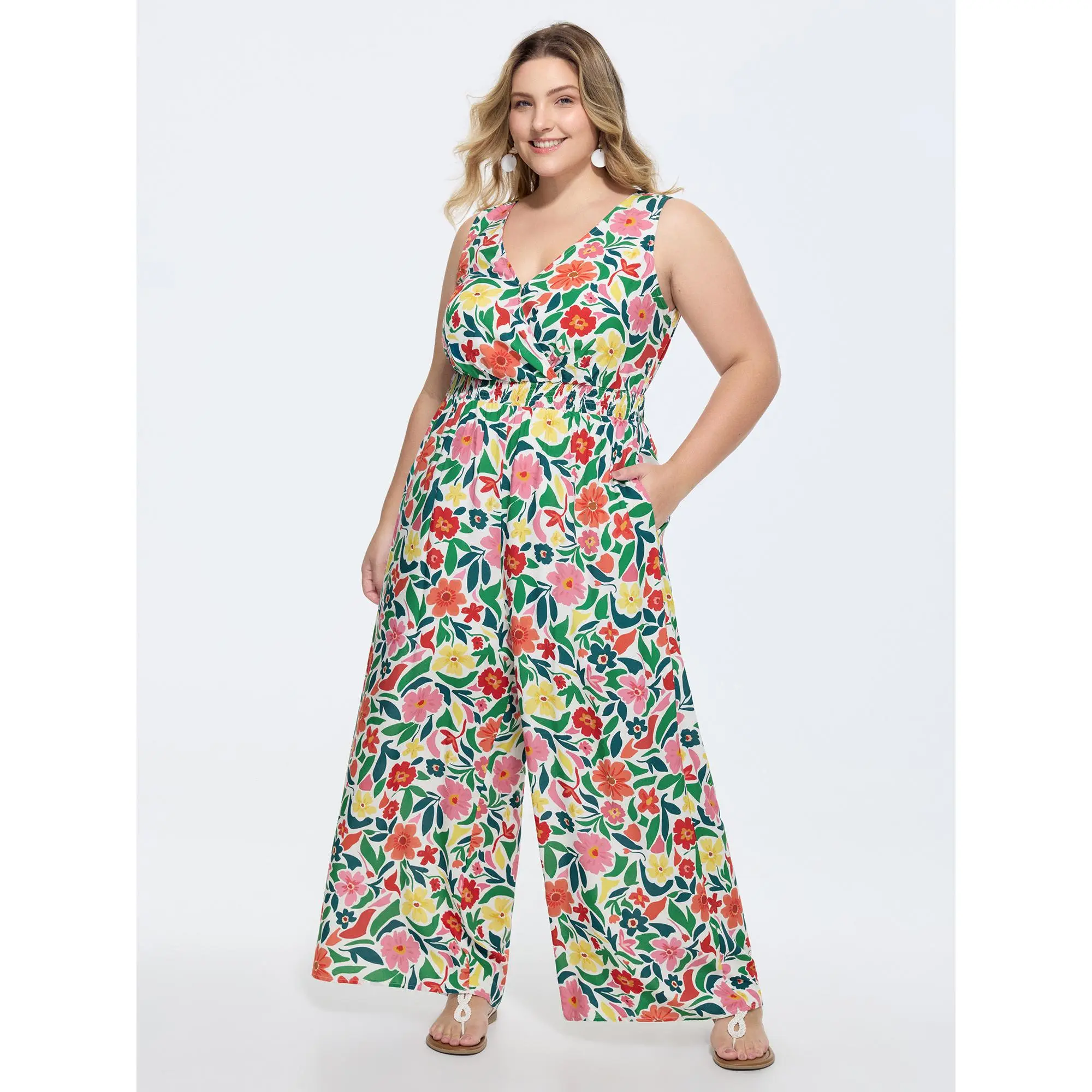 BLOOMCHIC Women's Plus-Size Beltfree Cinch Ditsy Floral Sleeveless Shirred Waist Overalls - Smooth Polyester-Rayon Fabric, Fit M-6X, 2026 Summer Wear, Regular Length, Low Iron, Cold Wash, No Tumble Dry