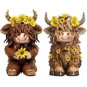 2 Pcs Highland Cow Figurines Decor Cow Ornament Cow Gnomes with Sunflower Resin Statue Calf Lovers Gifts for Farmhouse Home Garden Bathroom Kitchen Office Tiered Tray Table Decor