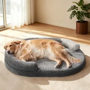XL   Beds Large Sized ,  Washable  Oval Large  Bed with Removable Cover, Egg-Crate  Pet Bed with Bolster & Non-Skid Bottom, Dark Grey, 42''x31''