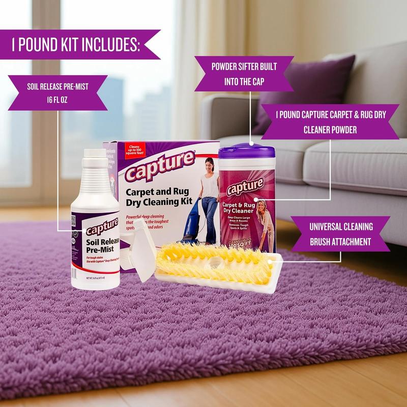 Capture Carpet Total Care Kit 100 – 1 lb Dry Cleaner Powder + 16 oz Pre-Mist with Brush – Deep Carpet & Rug Cleaner for Pets, Kids, Stains & Odors – Safe on Wool, Nylon, Upholstery & Car Interiors – Low-Moisture, No-Machine Solution