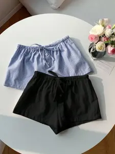 Women's Spring Summer Casual Home Shorts Set, Bottom, Blue Striped & Solid Adjustable Drawstring, Breathable Fabric, Loose Fit, Multiple Colors Available