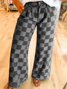 Retro Checkered Denim Wide Leg Jeans for Women | High-Waisted Pleated Baggy Denim Pants | Y2K Streetwear Aesthetic Graphic Print Trousers Comfort Fit Vintage Casual Outfits, 50%Cotton.