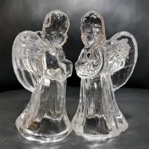 Vintage Set of 2 Clear Glass Angel Figurine Holding Book Candle Stick Holder Collectible Home Decor