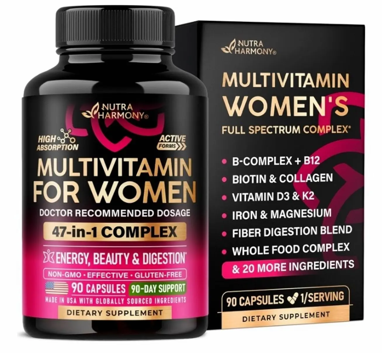 Multivitamin for Women - B-Complex | Whole Foods | Hair Growth Support | Digestion & Metabolism | Iron - 47in1 Womens Multivitamin - Bioavailable & Gentle on Stomach - 90 Capsules, 3 Month Supply