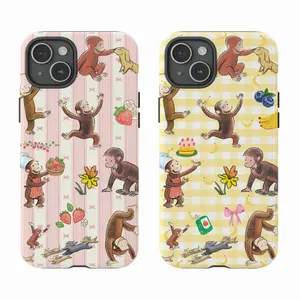 Cute Curious George Phone Case| Coquette Strawberry & Banana Phone Cover for iPhone 17 Air 16 15 14 13 12 11 Pro Max XR XS 6 7 8 Plus SE & Samsung S25 S24 S23 S22 S21 Ultra| Gingham Bow