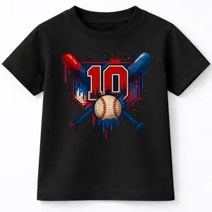 Baseball 10 Year Old Splash Drip 10th Birthday Boy Number 10 T-Shirt For Young Boys Girls T-shirt Crewneck Light Cotton