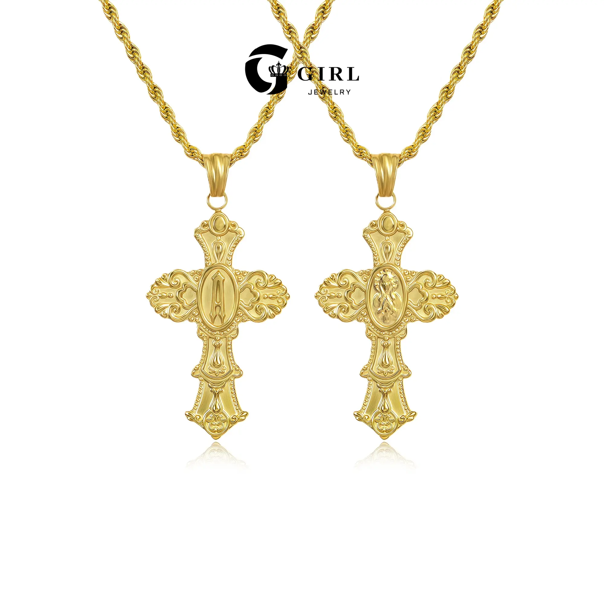 GGIRL Unisex Virgin Cross Design Artificial Gemstone Necklace - Alphabet Detail Pendant, Customizable A-Z Personal Initial Letter Charm, Embossed Praying Hands, Vintage Border Back High-Quality Jewelry