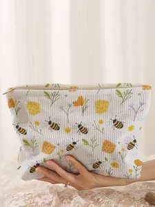 Bee Printed Corduroy Makeup Bag, Makeup Organizer, Cosmetics Organizer, Cartoon Style, Cute Lightweight Multi-Functional Fashion Casual Cosmetic Bag, Travel Storage Pouch