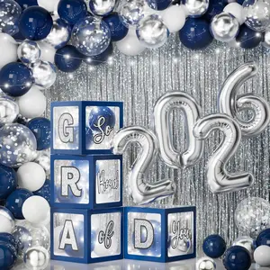 2026 Graduation Decorations 86 PCS Graduation Party Decor Supplies Set Includes LED Light Strings Balloon Block Boxes with Letters Foil Curtains Backdrop 2026 Balloon Kit Navy Blue & Sliver