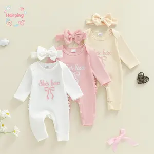 Baby Girl "She's Here" Ribbed Romper with Bow Headband Set, Long Sleeve Snap Closure Bodysuit, Soft Cotton Newborn Coming Home Outfit