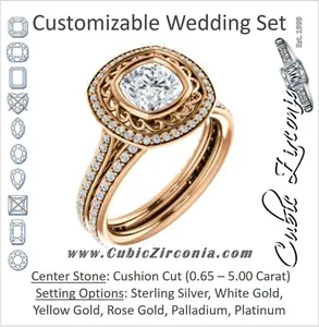 CZ Wedding Set, featuring The Sydney Ava engagement ring (Customizable Cathedral-Bezel Cushion Cut Filigreed Design with Halo & Pavé Accents)