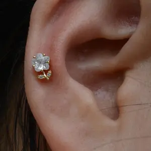 1PC Stainless Steel Dainty Sparkly CZ Flower Stud Earrings for Women Flat Back Targus Helix Cartilage Lobe Piercing Jewelry 20G