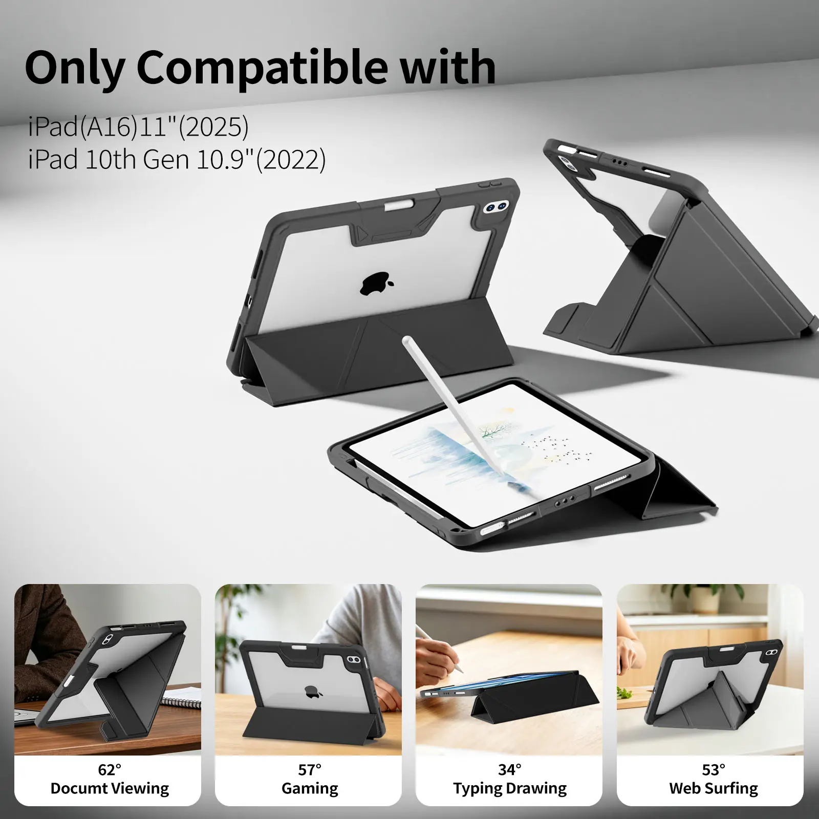 Case for iPad Air 11 Inch M4/M3/M2(2026/2025/2024),Air 5th/4th Gen 10.9 Inch(2022/2020),iPad Pro 11(4th/3rd/2nd/1st Gen), Shockproof Protective Cover, Auto Sleep Wake,Multiple Folding Methods,transparent iPad cover,Y-fold design, Magnetic, Auto Wake/Sleep