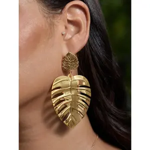 BLOOMCHIC Plus Size Tropical Leaf Gold Tone Drop Earrings [M-6X] 2026 Spotlight,Summer wins,Deals for your days