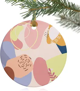2024 Christmas Ornament Xmas Tree Hanging Accessories,Boho Morandi Abstract Plant Christmas Tree Round Ceramic Ornaments for Holiday Party Home Decor,Mid Century Geometry Color Block