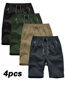 Men’s Lightweight Straight-Leg Casual Shorts, 4-Pack, Deep Crotch, Versatile Solid Color, Embroidered Logo, Multi-Pocket