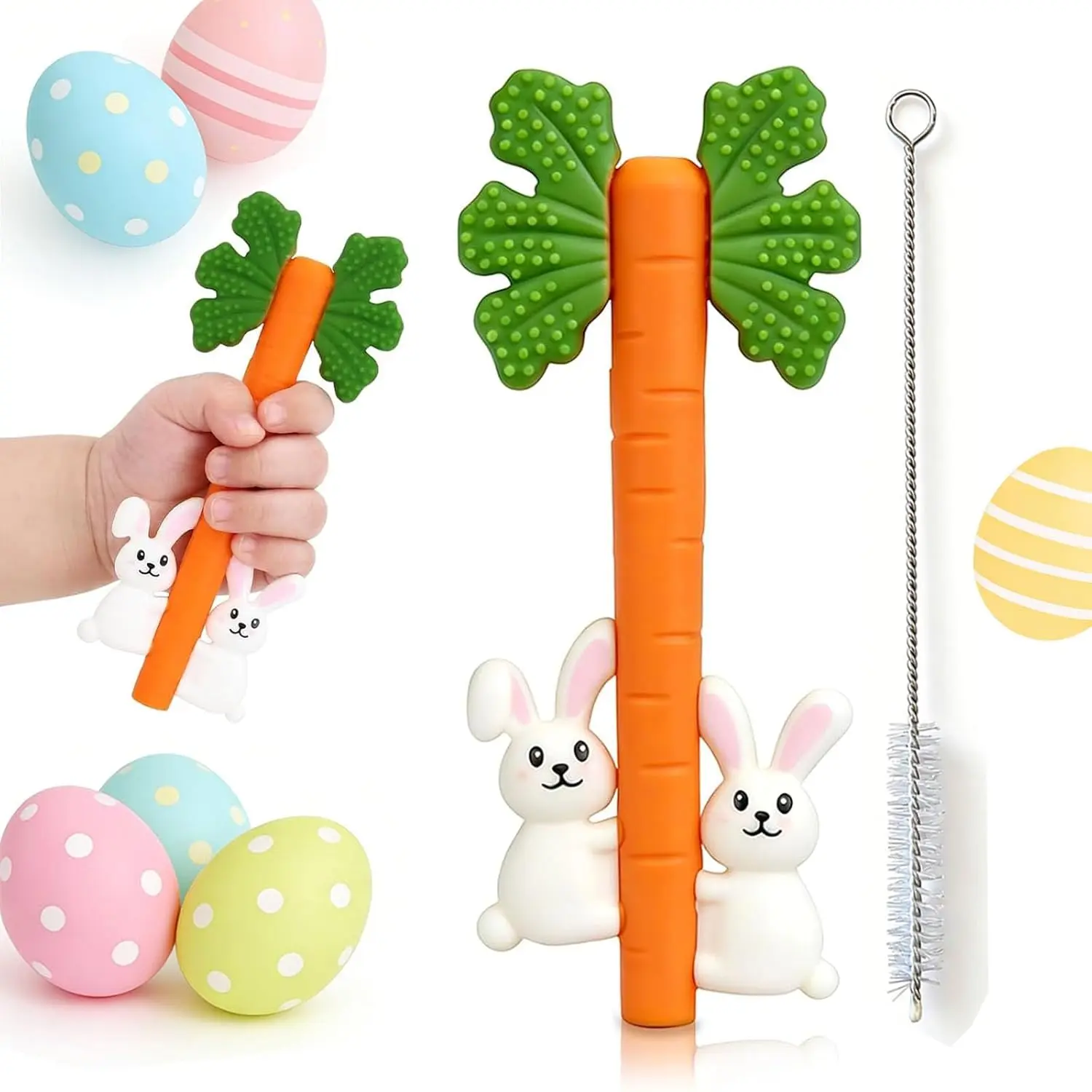 BPA-Free Silicone Carrot Rabbit Hollow Teething Tubes - Chewables for 3+ Months Babies, Sensory Teether Straws for Teething Relief, Baby Shower Essentials (1)