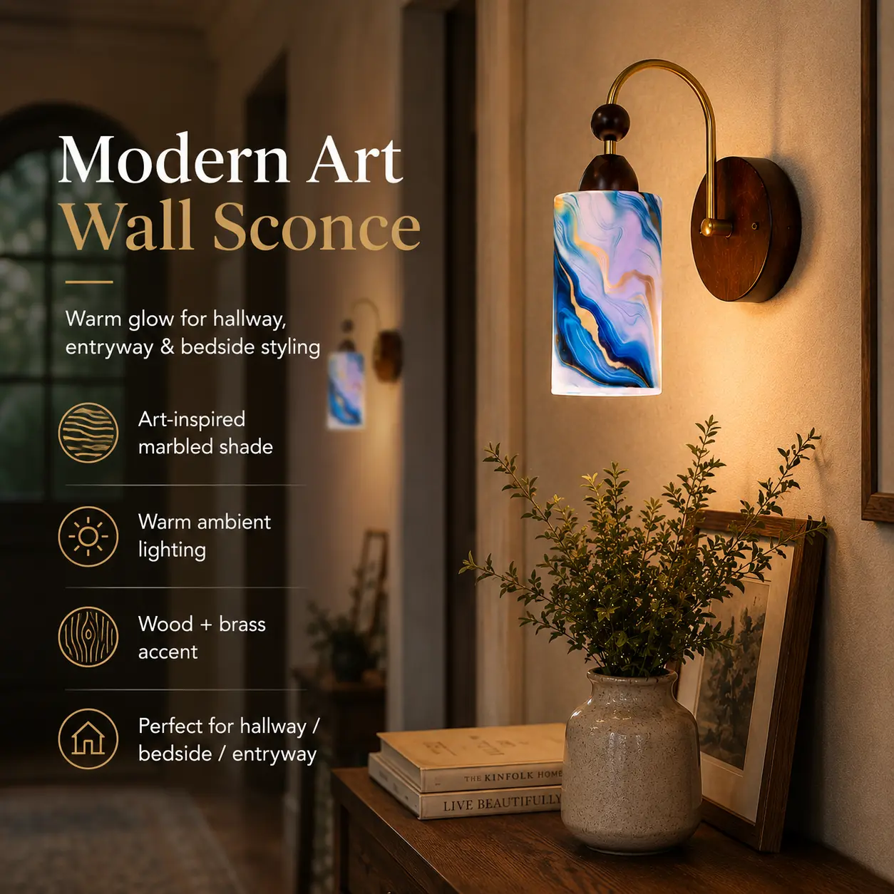 CXTVOVZSSY Handmade Marbled Glass Wall Sconce - Modern Art Lamp with Natural Wood, Brass, 2 Sizes, Easy Installation, Decorative Light for Bedroom, Hallway, Housewarming Gift