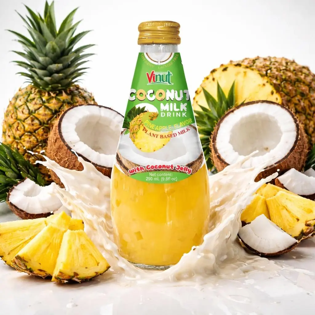 Vinut Cold Creamy Coconut Milk Pineapple Flavor Drink with Coconut Jelly, Plant-Based, Non-Dairy, Lactose-Free, 290ml Glass Bottle (Pack of 6, 12 or 24) Fruity Beverage