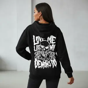 Women's Love Me Like My Demons Do Skull Print Graphic Hoodie - Cotton Blend Black Long Sleeve Pullover Regular Fit | Soft & Breathable Fabric, Durable Print, Everyday Comfort, Machine Washable, casual beachwear beach picnic at sunset
