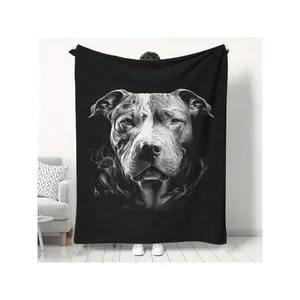1pc Black Muscle Pit Bull Dog Print Flannel Throw Blanket - Cozy, All-Season Warmth, Digital Printing, 200-250gsm, Family & Friends, Asian Style, All Seasons |   Artistic Dog Design |   Soft Texture, Dog Deco