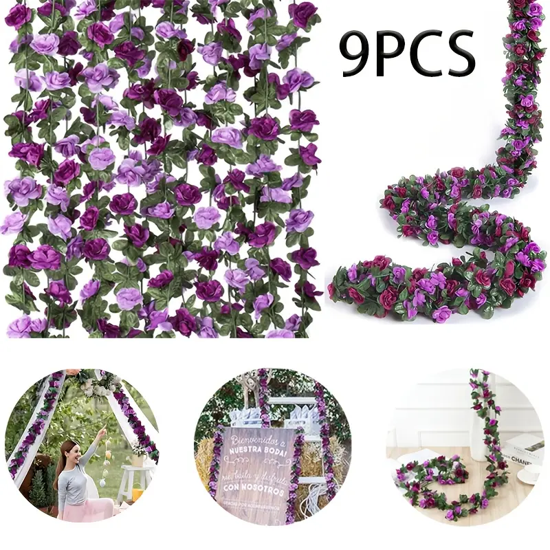 9PCS 72 Ft Flower Garland Artificial Rose Vines for Bedroom, Cute Fake Hanging Flower Vines Floral Garland Decorations for Wedding Party Wall Room Decor Aesthetic Gift Purple