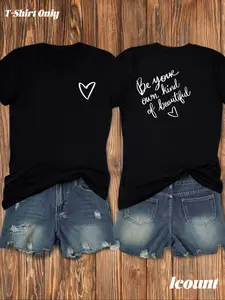 Women's Heart & Letter Print Round Neck Tee, Fashion Casual Crew Neck Short Sleeve T-Shirt for Daily Holiday Vacation Outdoor Wear, Ladies Clothes for Summer Casual T Shirts
