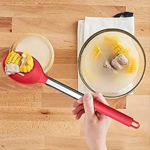 Silicone Soup Spoon with Stainless Steel Handle, Durable Soup Spoon with Tube Handle, Easy Gripping Cooking Spoon, Kitchen Utensils, Kitchen Gadgets
