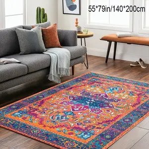Bohemian Style Velvet Carpet, Colorful Plaid Pattern, Non-Slip Washable Rug, Home Decor for Living Room, Bedroom, Kitchen, Indoor Outdoor Use