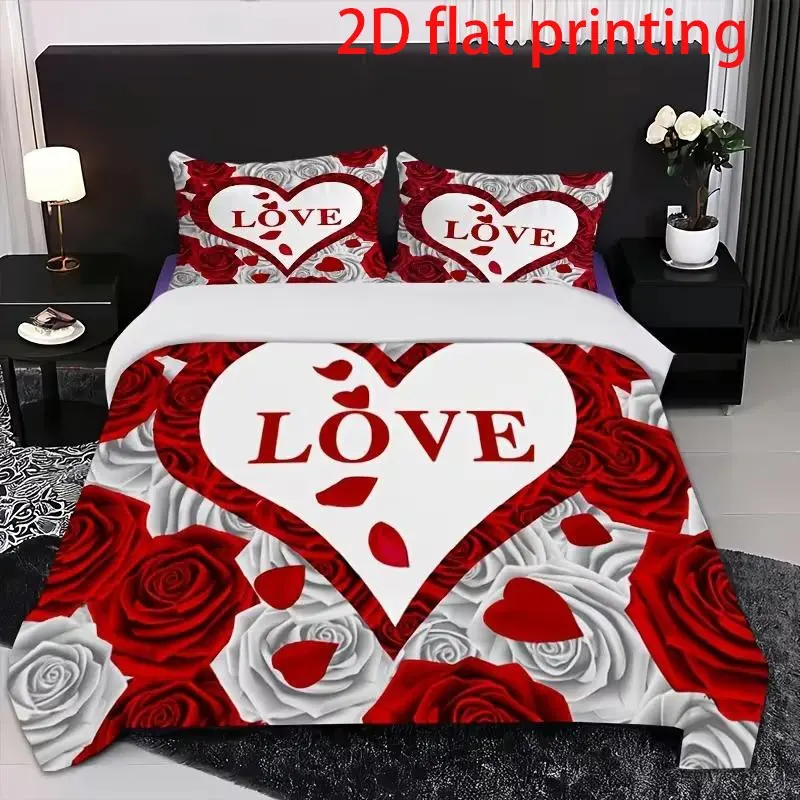 3-piece romantic Valentine's Day love Decorative Theme Bedding Set Comfy Bedding Sets, including 1 duvet cover and 2 pillowcases (unfilled) made of polyester material, comfortable all year round