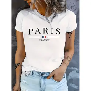 Paris France Flag Women's T Shirt Polyester Knit Fabric Medium Stretch Round Neck Cartoon Design White